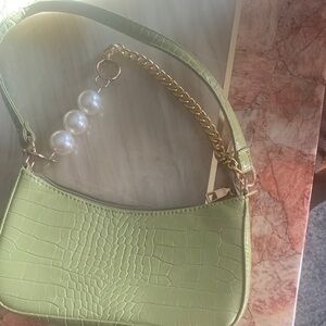 Lime Croc-Embossed Shoulder Bag with Gold Chain